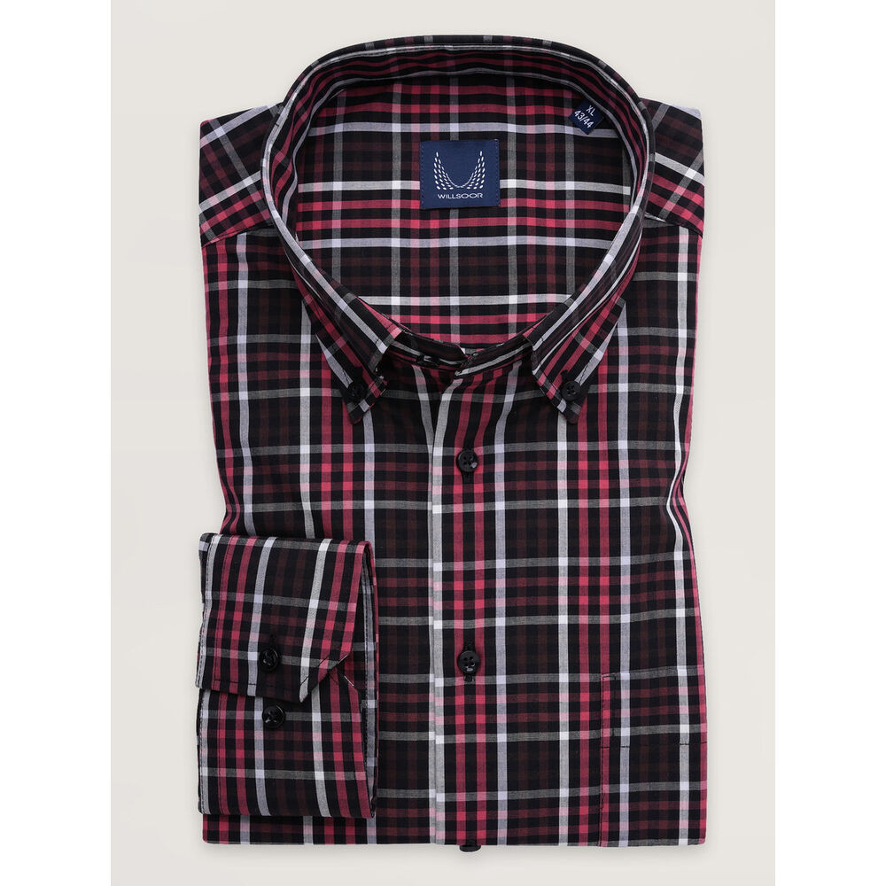 Pánska čierna košeľa slim fit s farebným kockovaným vzorom 17730