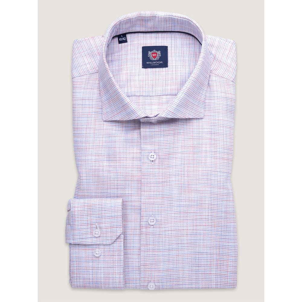 Pánska košeľa slim fit s červeno-modrým malým vzorom a talianskym golierom 17737