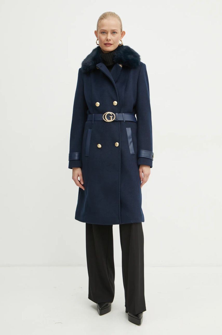 Kabát Guess AMELIA dámsky, tmavomodrá farba, prechodný, dvojradový, W4BL46 WGKI2