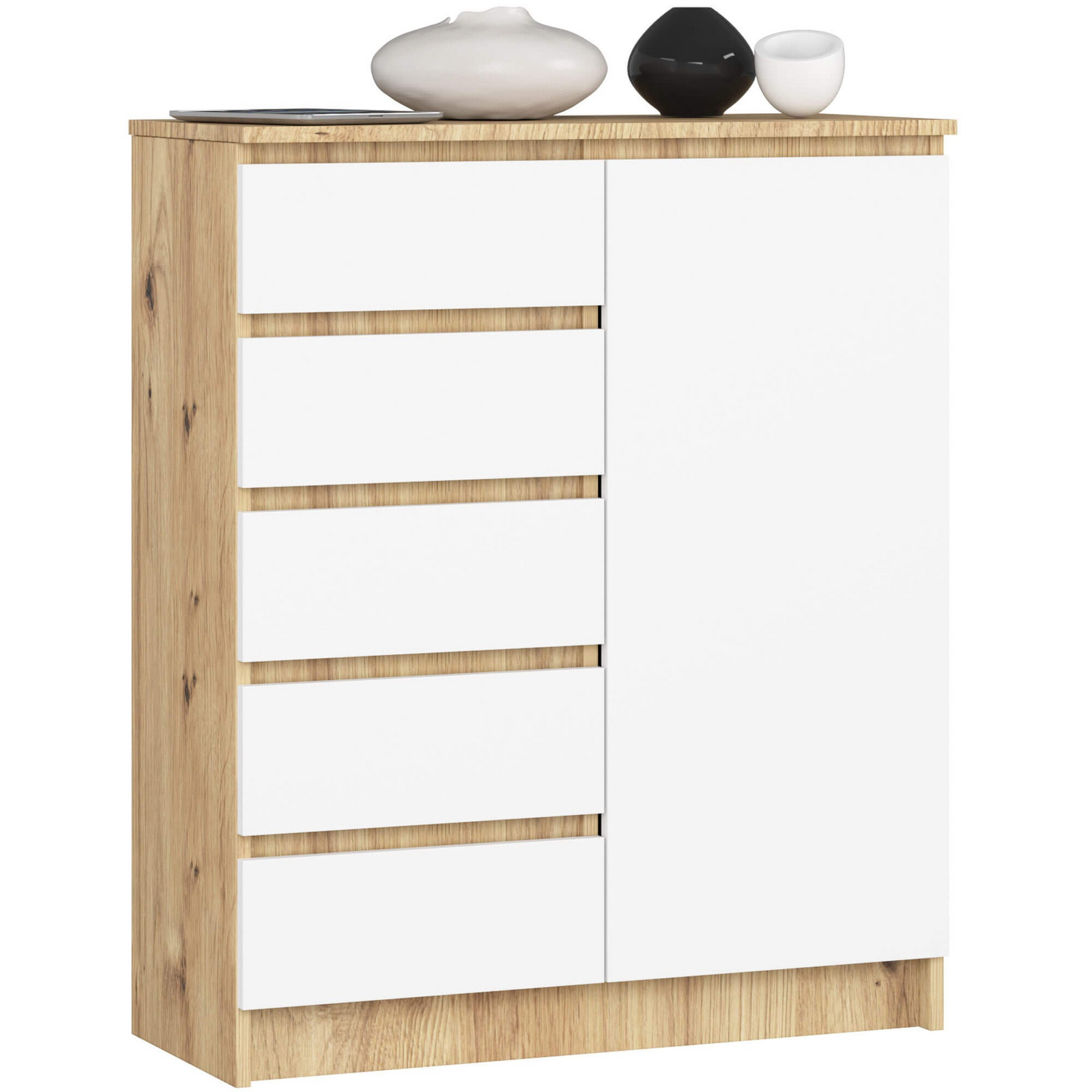Komoda JERRY 80 cm 1 dveře 5 zásuvek bílá/dub artisan