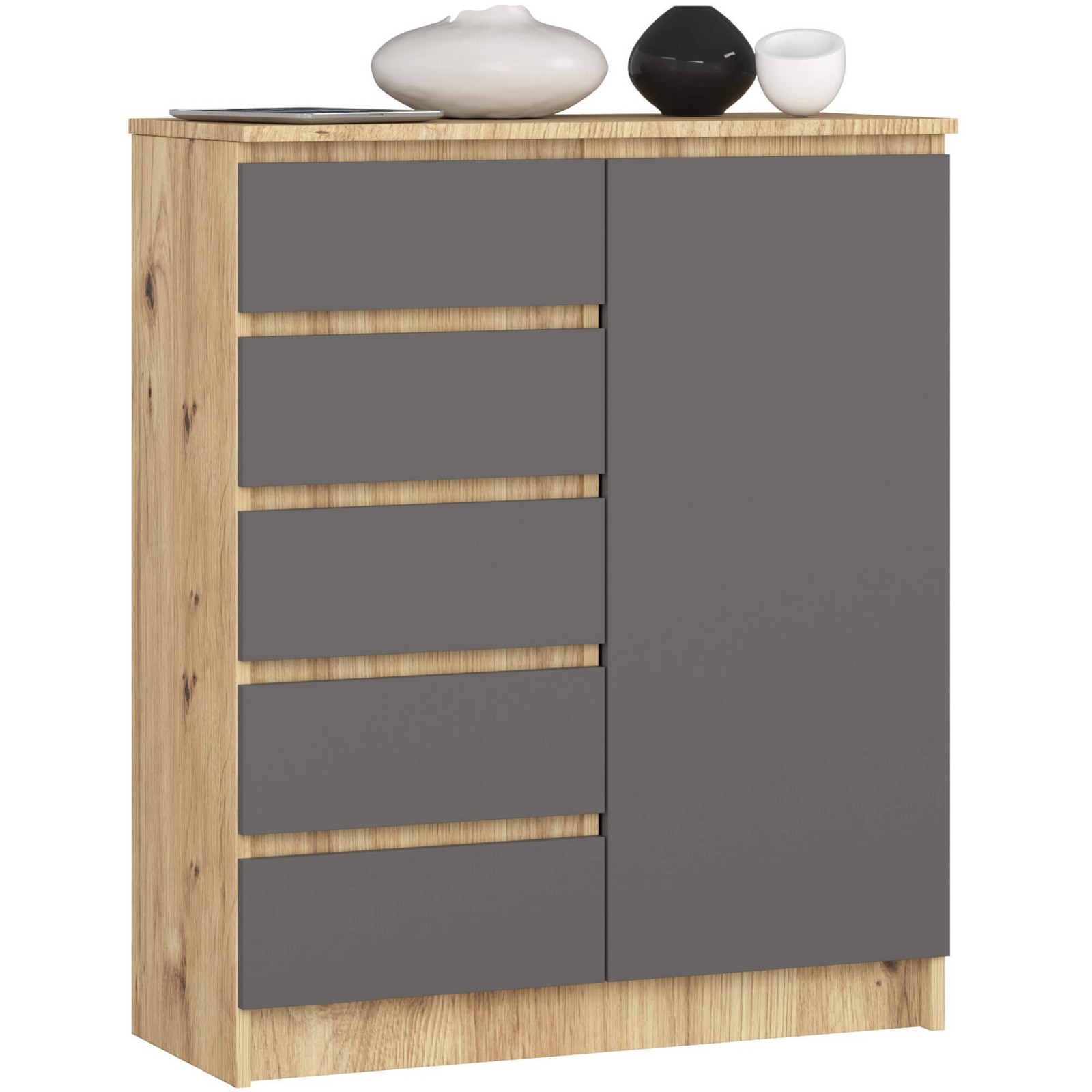 Komoda JERRY 80 cm 1 dveře 5 zásuvek dub artisan/antracitově šedá