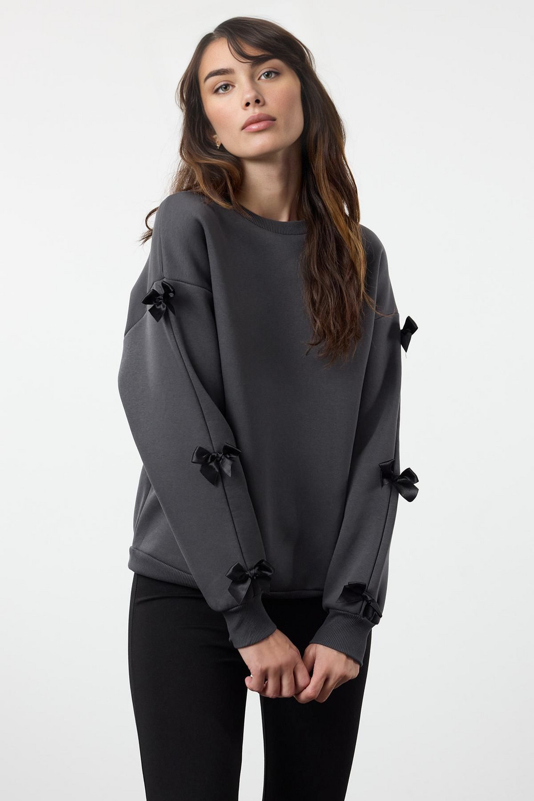 Trendyol Anthracite Bow Detail Oversize/Wide Pattern Thick Polar Fleece Knitted Sweatshirt