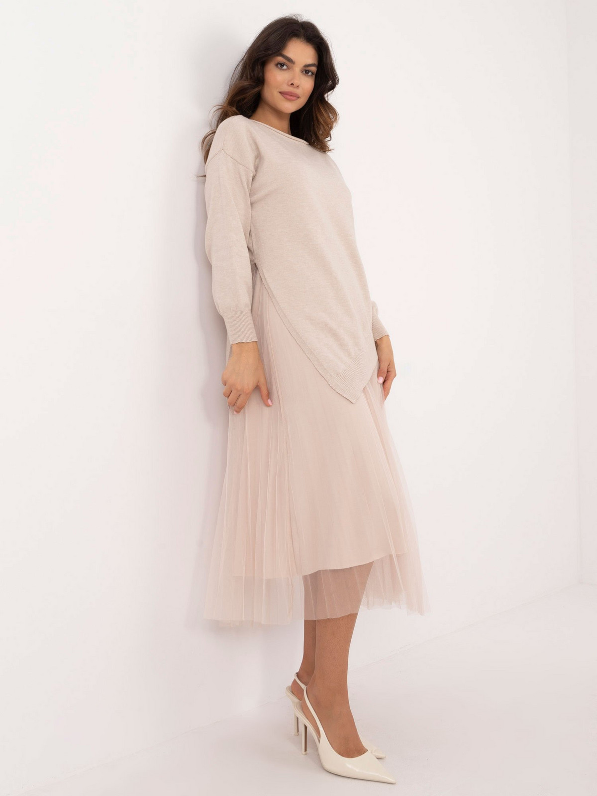 Beige women's set with an asymmetrical sweater