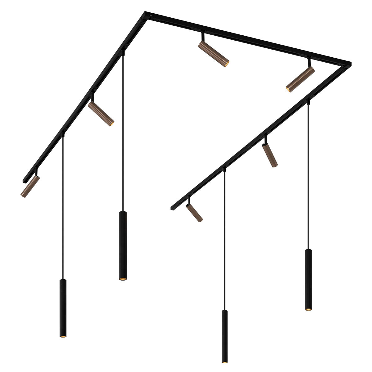 Modern railsysteem met 6 spots en 4 hanglampen brons 1-fase - Slimline Uzzy Keno