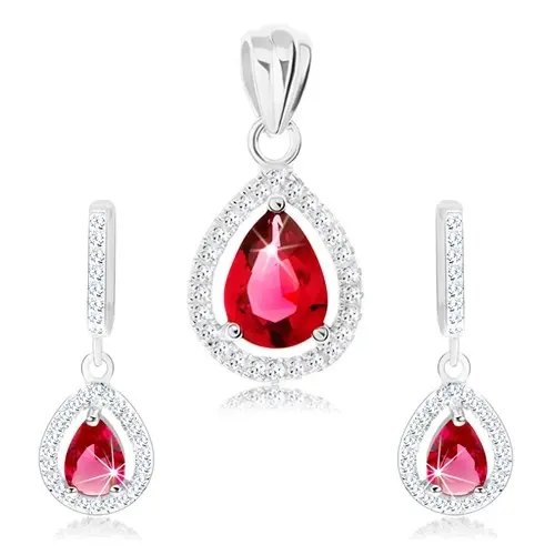 Set zo striebra 925 - náušnice a prívesok, červená zirkónová slza s lemom