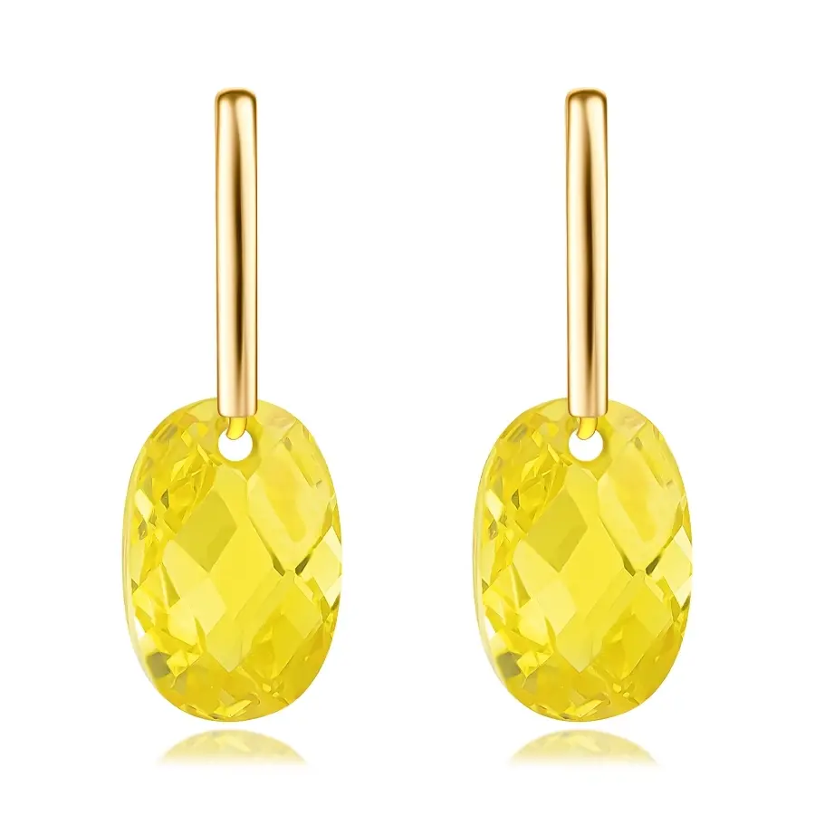 Náušnice zo žltého 9K zlata - žltý oválny zirkón, hladký pásik, puzetky