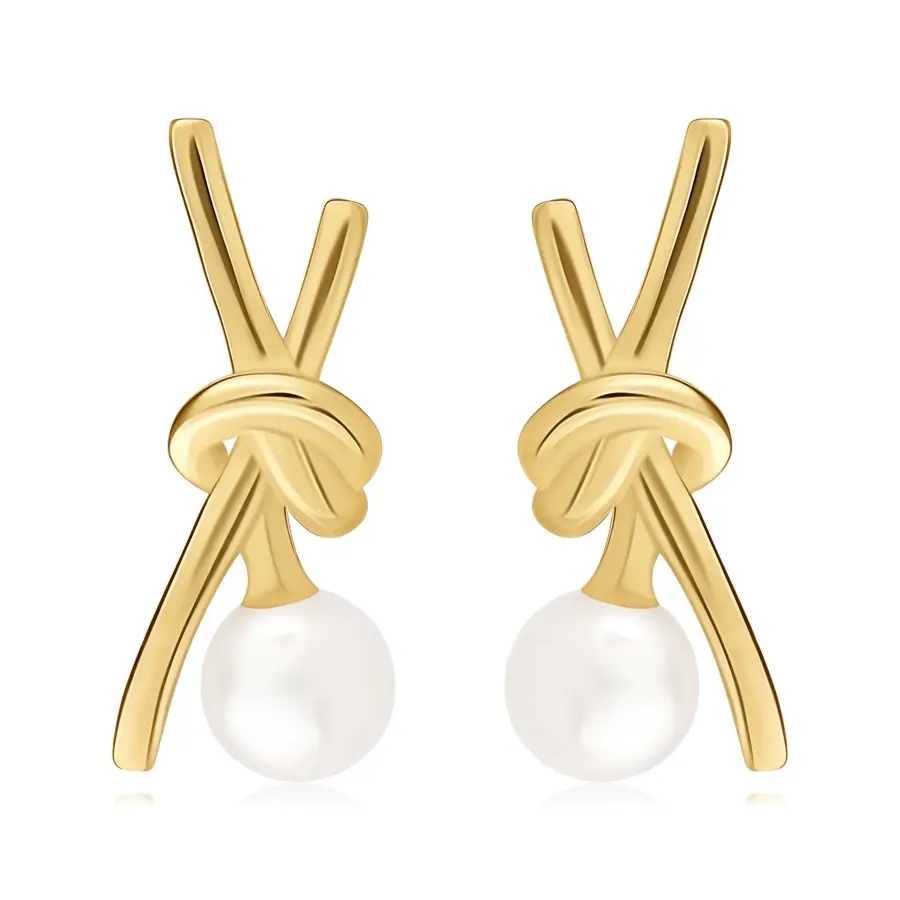 Náušnice zo žltého 9K zlata - prekrížené línie, biela sladkovodná perla