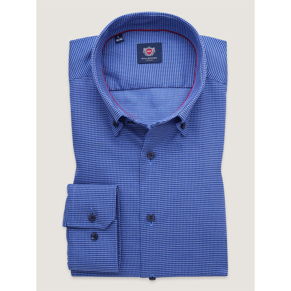 Pánska košeľa slim fit modrá s golierom na gombíky a drobným vzorom 17761
