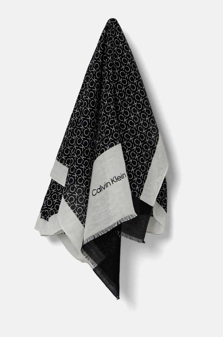 Šatka s ľanom Calvin Klein čierna farba, vzorovaný, K60K612895