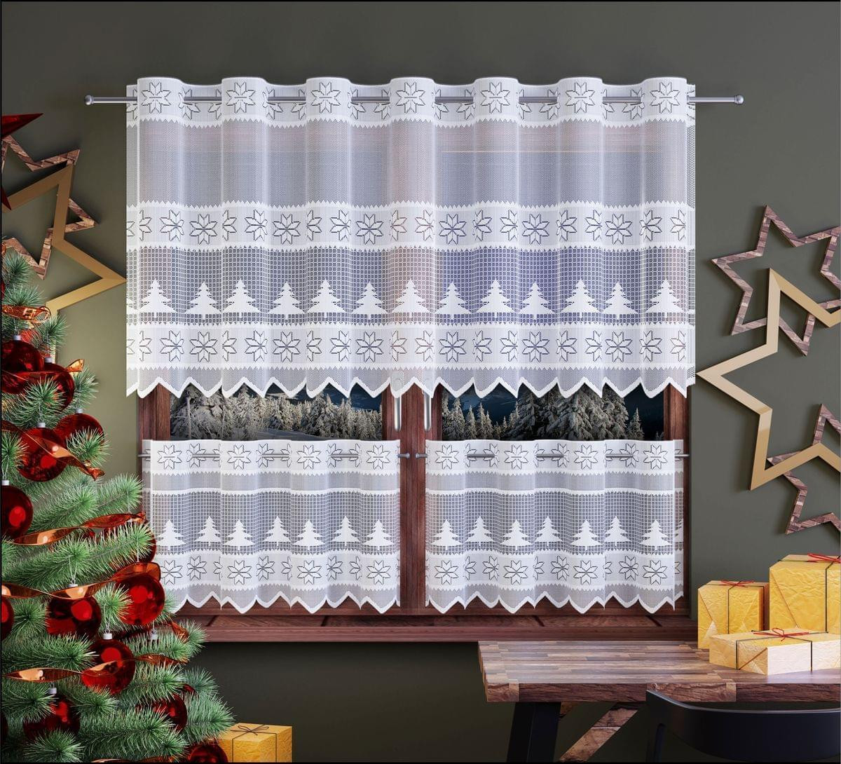 Záclona žakárová, Vianočná hviezda a stromčeky vitrážka metráž, biela 60 cm