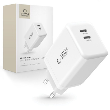 Tech-Protect NC45W GaN sieťová nabíjačka 2x USB-C 45W, biela