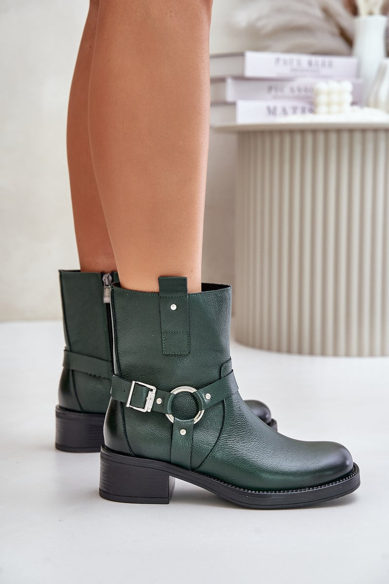 Zazoo Leather ankle boots on a low heel insulated dark green