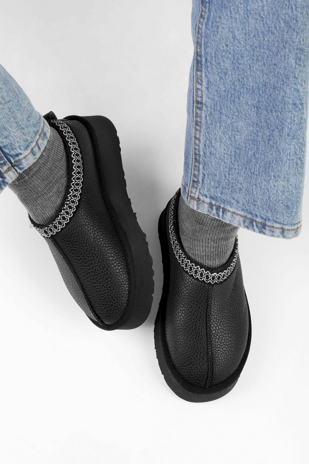 Shoeberry Women's Uggps Black Furry Short Faux Leather Flat Slippers