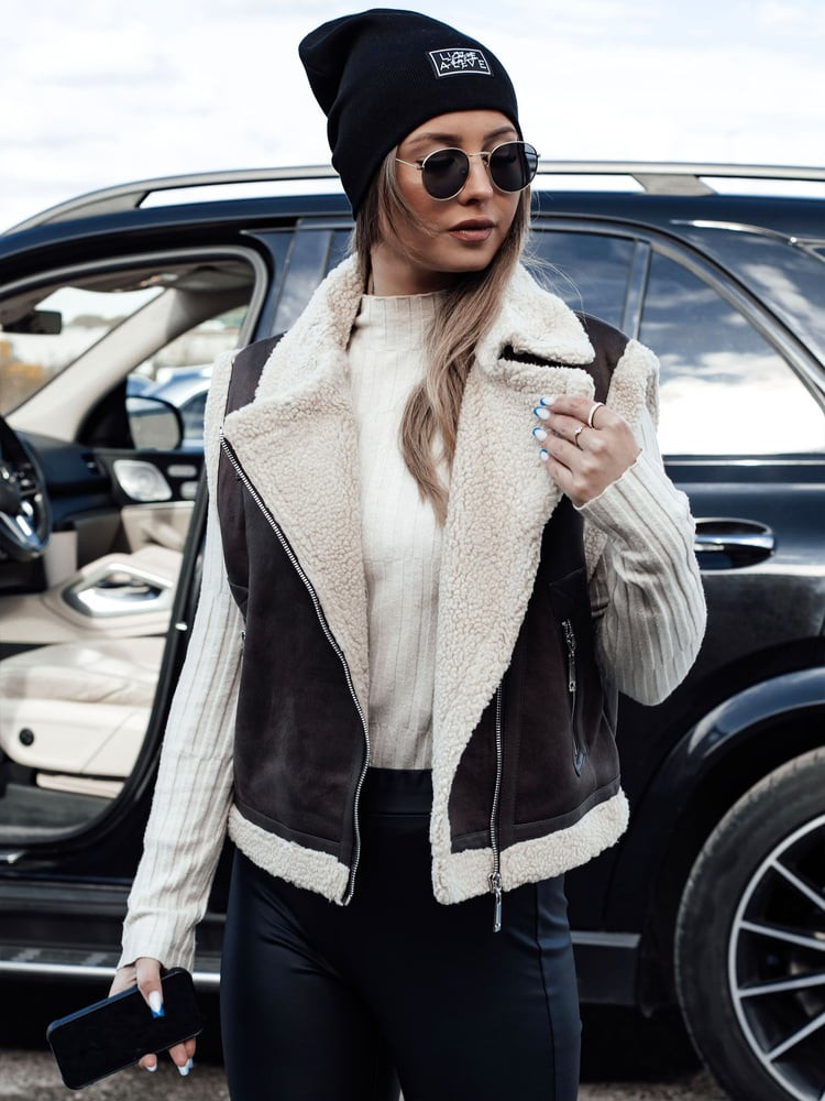 Kamizelka damska zamszowa z kożuszkiem WOOLZIP kawowa Dstreet