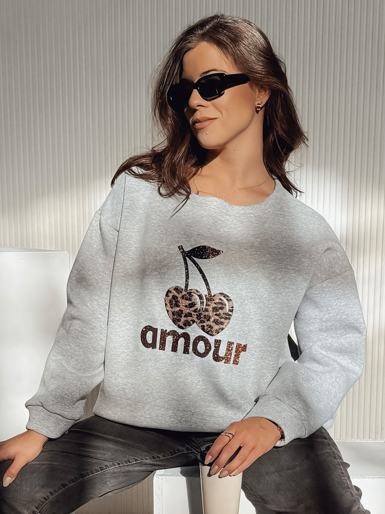 Bluza damska oversize CHERRILUXE z wisienkami szara Dstreet