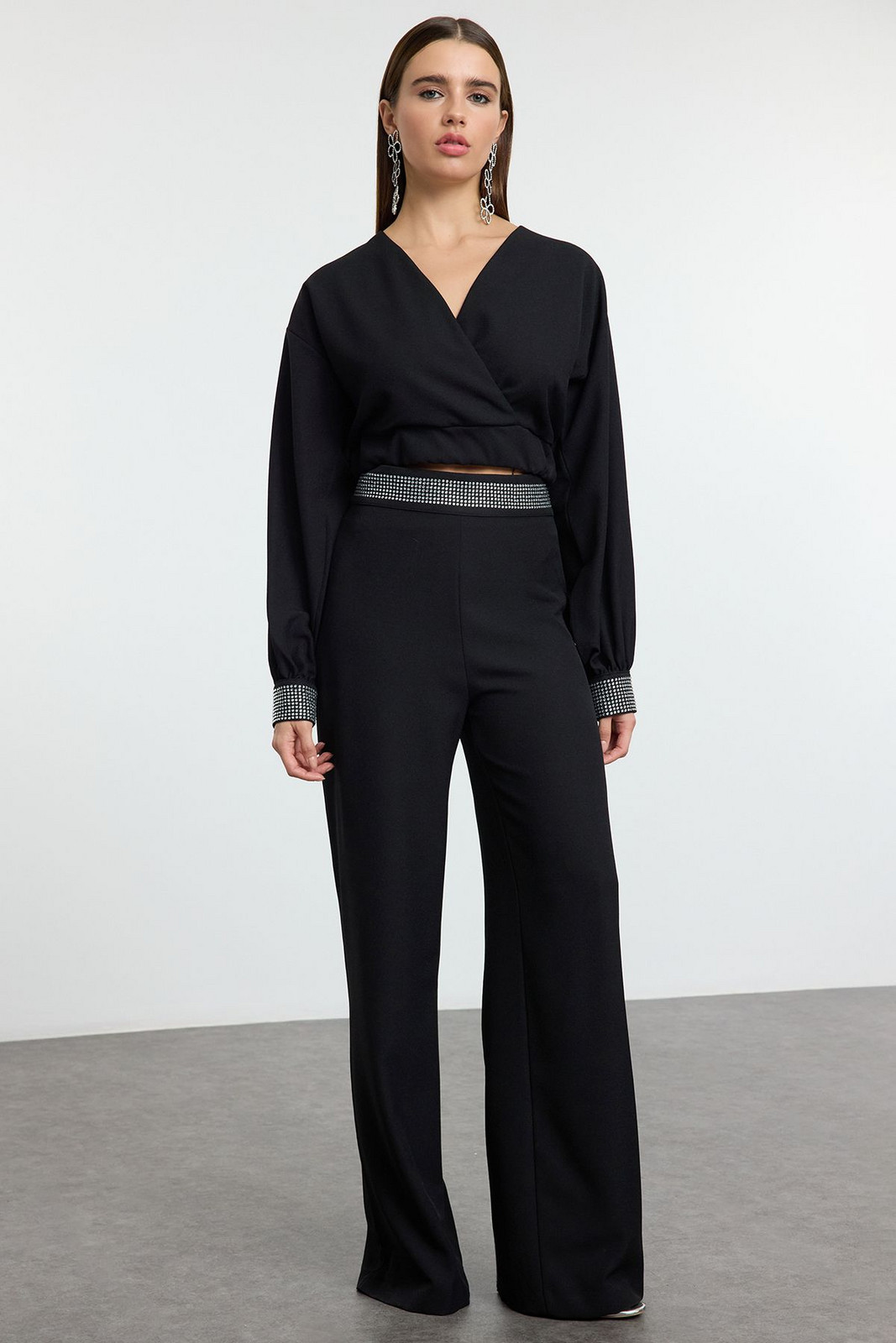Trendyol Black Stone Print Detailed Woven Bottom Top Set