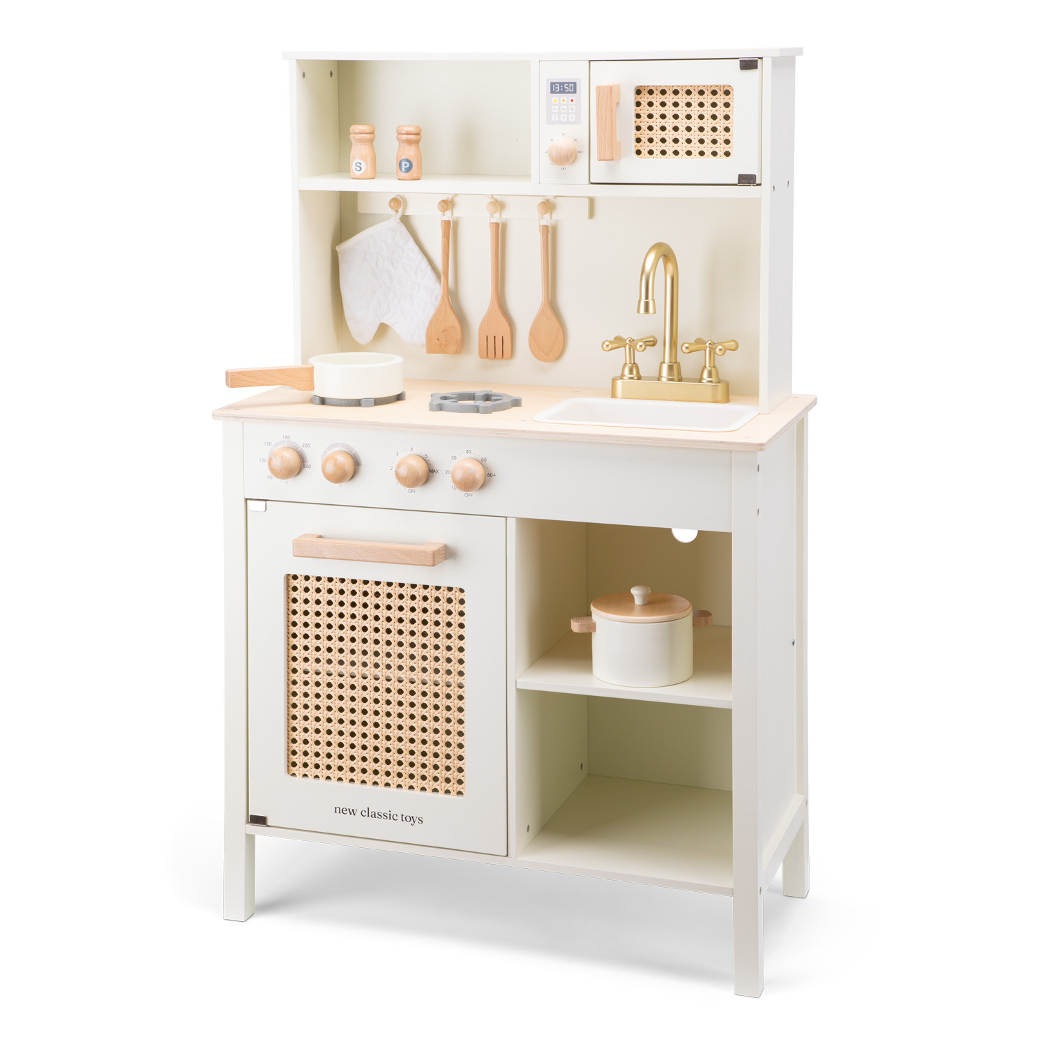 Drevená kuchynka - biela s ratanovými detailmi