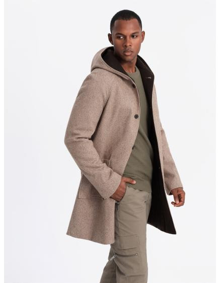 Pánsky melanžový dlhý kabát s kapucňou - sivý V1