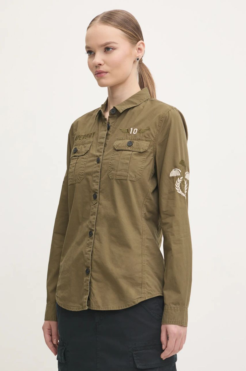 Bavlnená košeľa Superdry dámska, zelená farba, regular, s klasickým golierom, W4010438A-A2Q