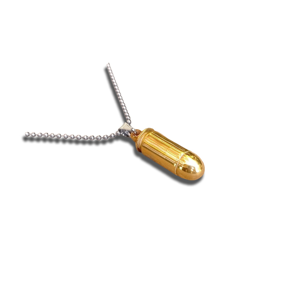 Náhrdelník s nábojom .45 ACP a nerezovým remienkom - zlatý