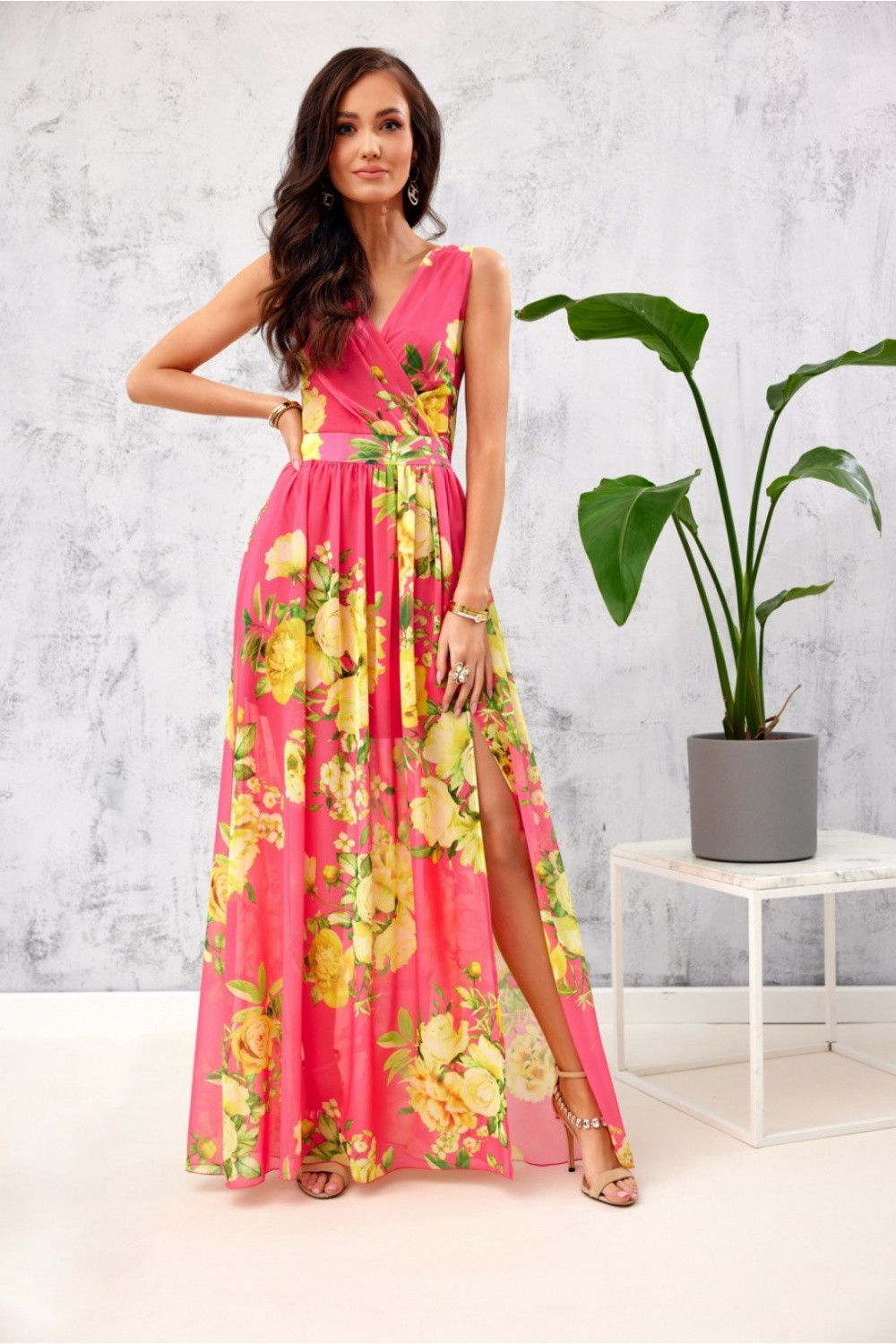 Dámske šaty SUK0361 pink-yellow - Roco Fashion 42