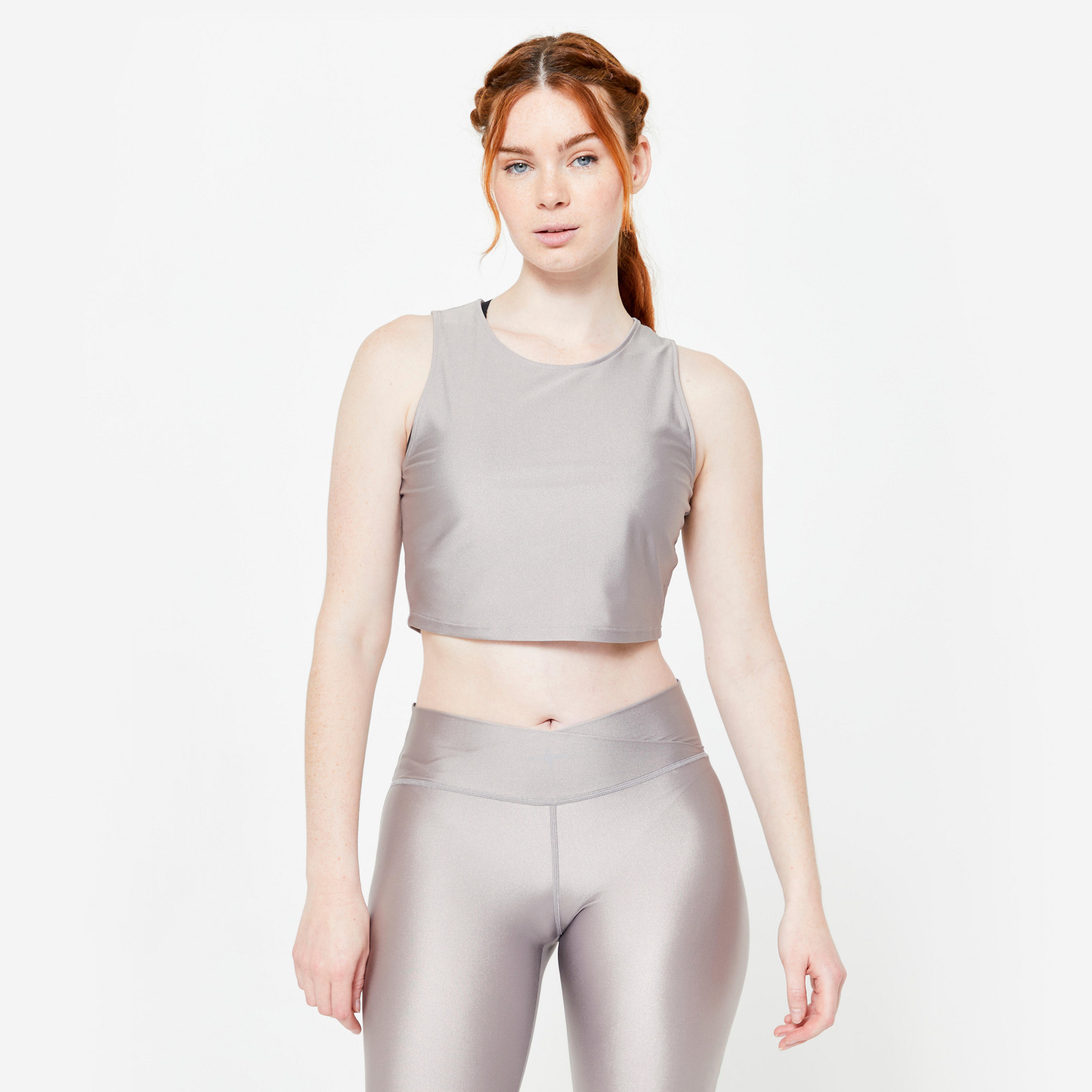 Dámske crop top tielko bez rukávov na fitness sivé