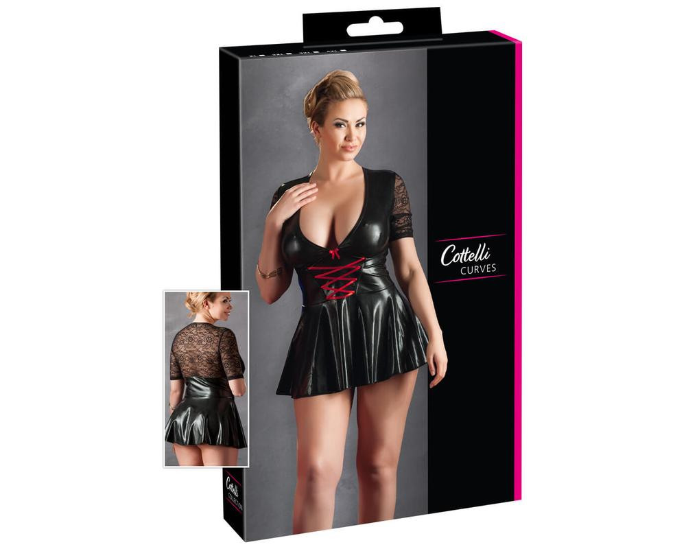 Cottelli Plus Size - lesklé šaty s červeným šnurovaním (čierne)