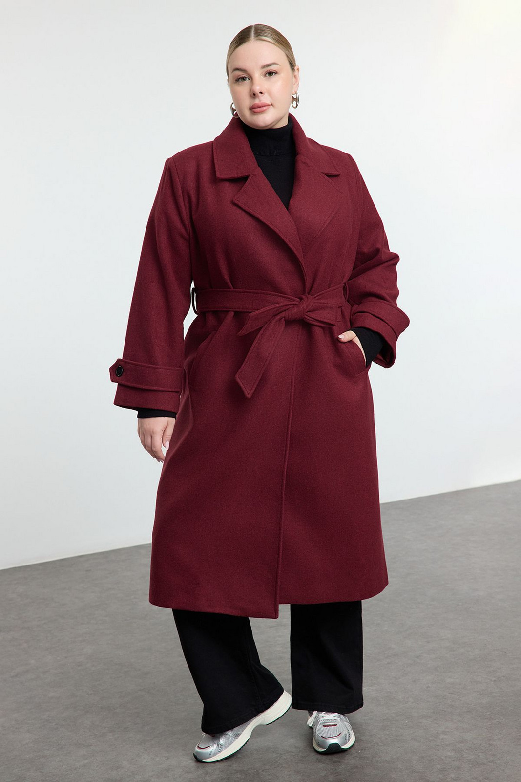 Trendyol Curve Claret Red Regular Fit Wide Collar Detailed Long Wool Blend Cashmere Coat