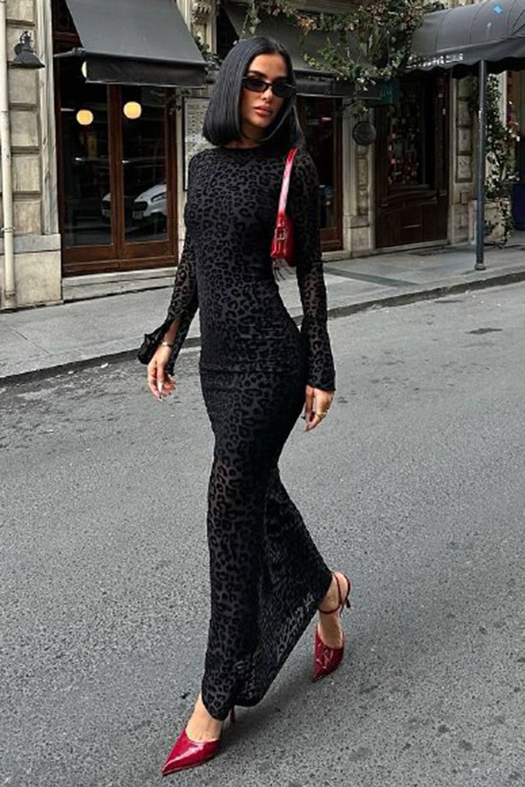 Trendyol Black Flock Printed Tulle Midi Length Lined Dress