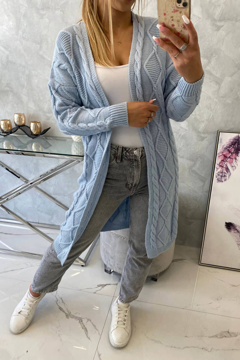 Cardigan sweater with cable weave in azure color