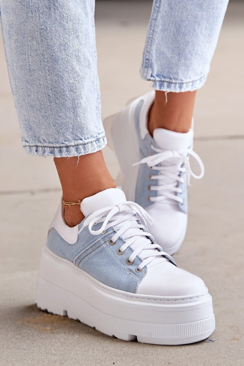Zazoo Kožené Sneakersy Na Masívnej Platforme Džínové Biele Lewski 3586
