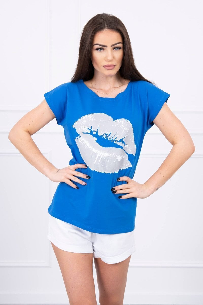Blouse with lip print purple-blue