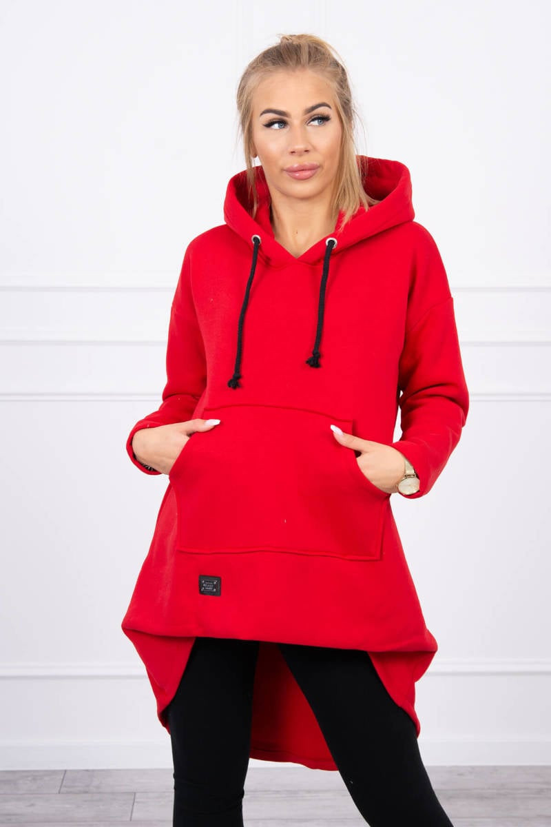 Reinforced sweatshirt with a long back and hood in red