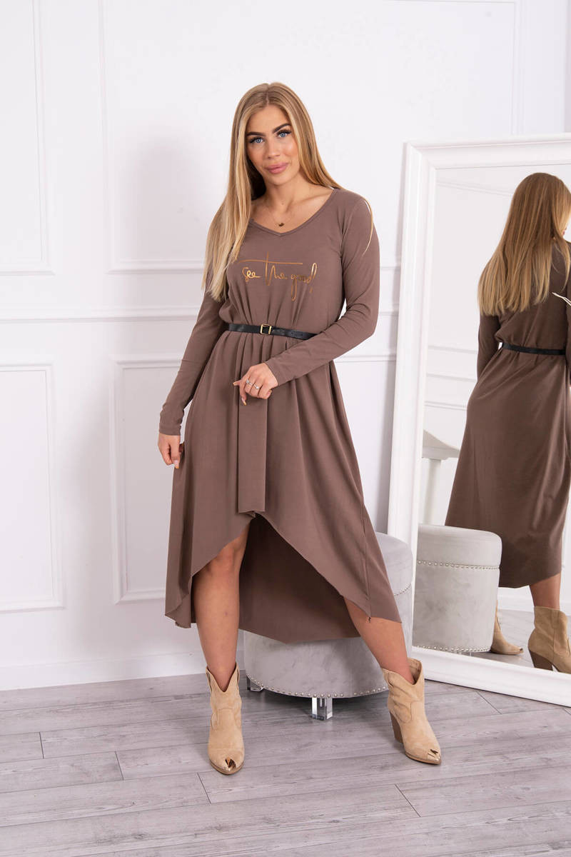 Dress with decorative belt and mocha inscription