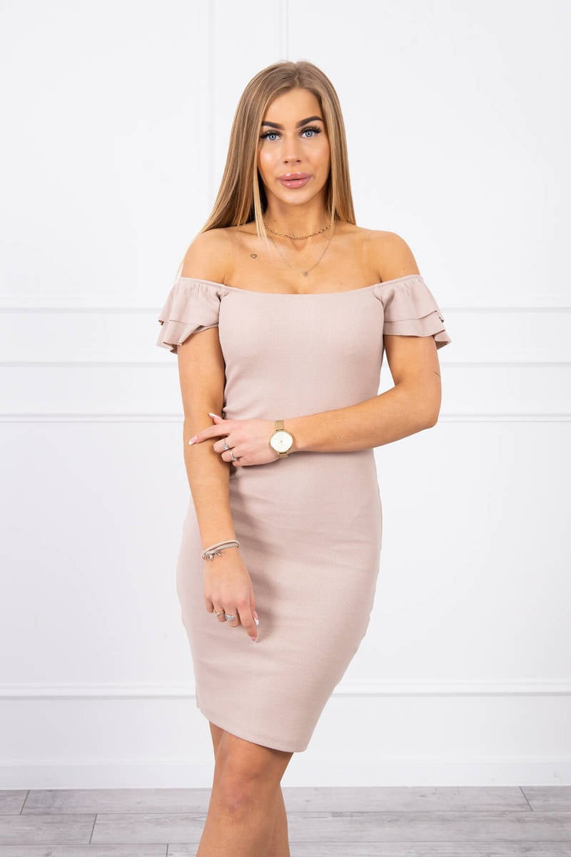 Ribbed dress with pleats dark beige