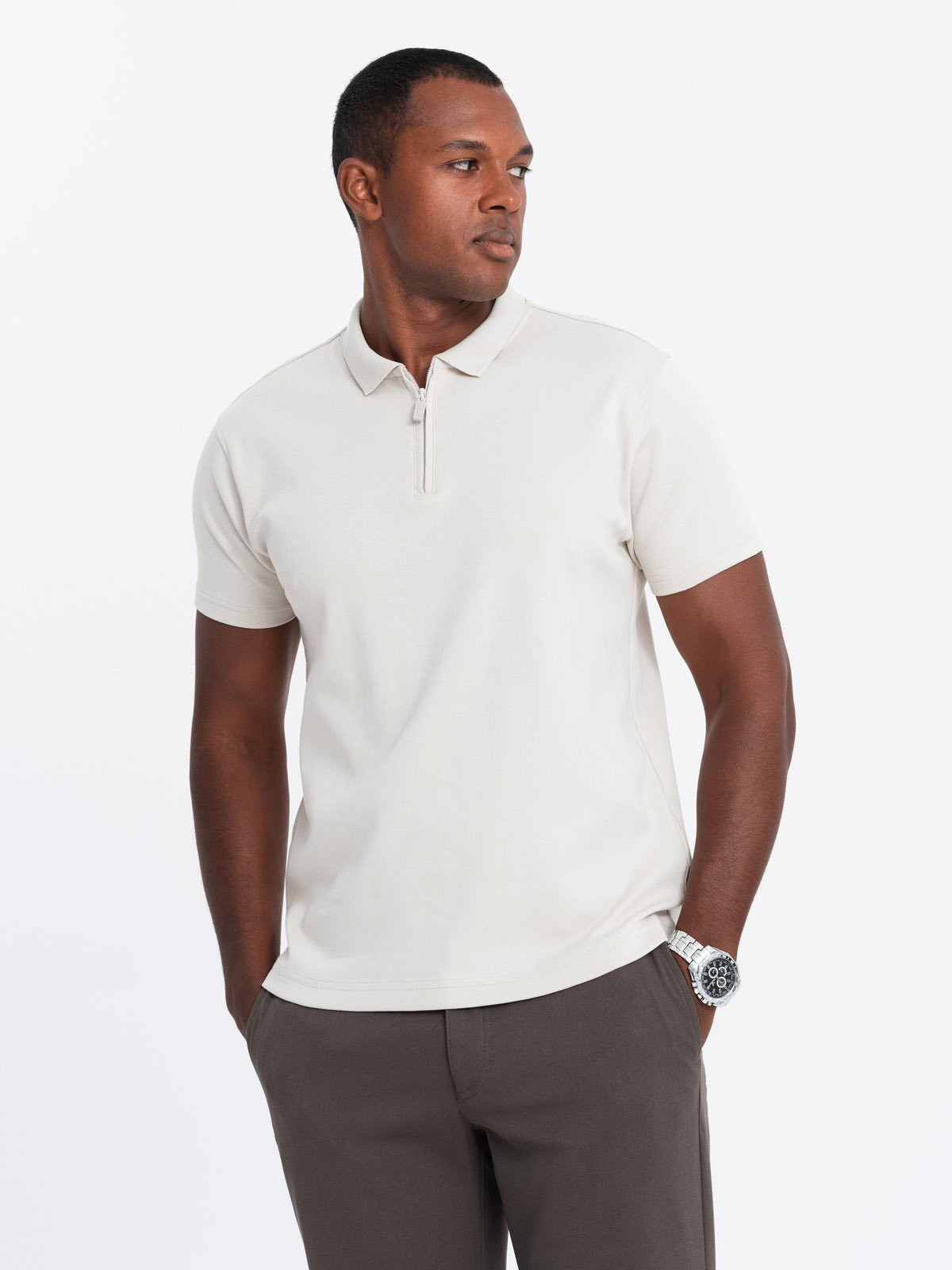Ombre Men's melange polo shirt with striped collar - black
