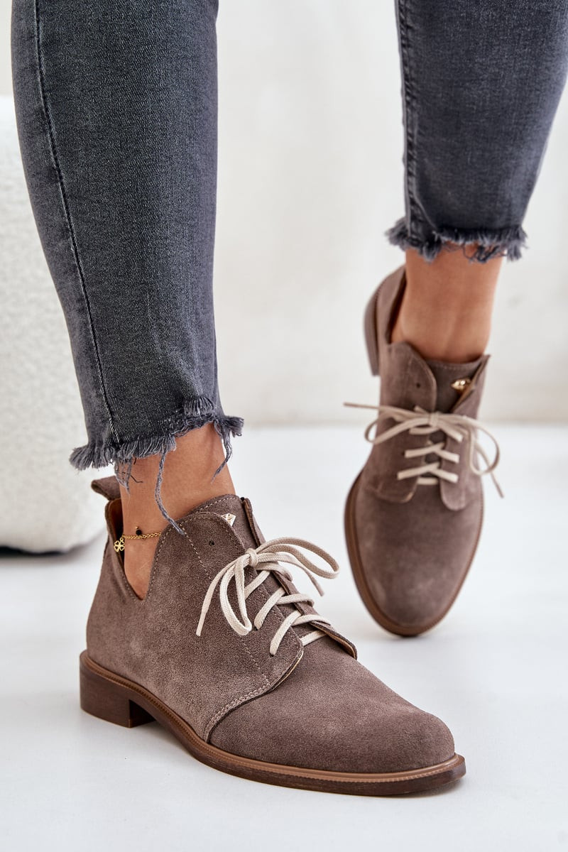 Zazoo 2959 Semišové Polobotky Oxfords Šnurovacie Na Ploškom Opätku Tmavo Béžové