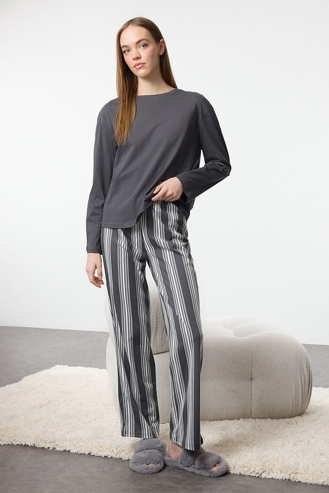 Trendyol Anthracite 100% Cotton Striped Knitted Pajama Set