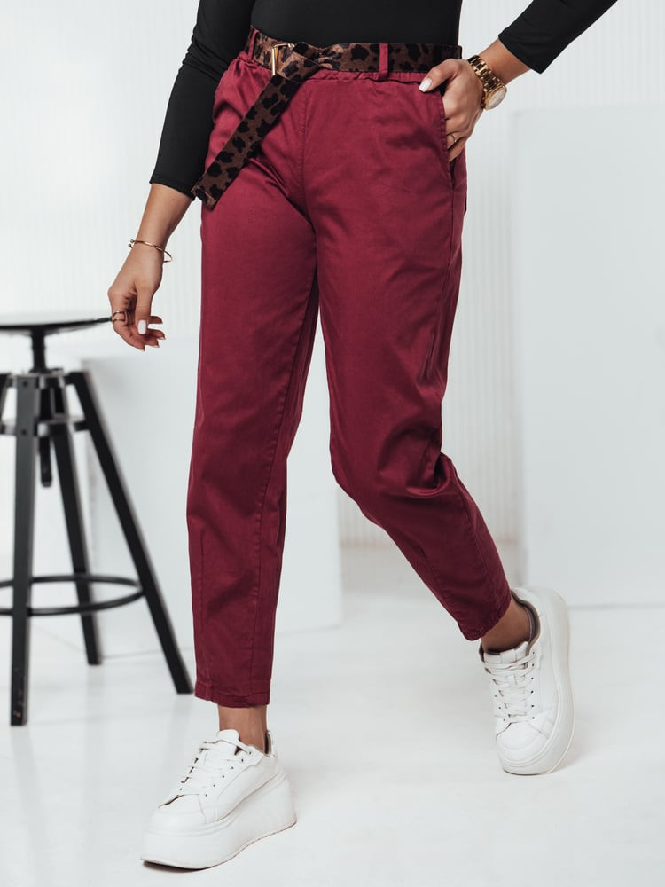 Spodnie damskie one size LEOCINCIN z paskiem bordowe Dstreet