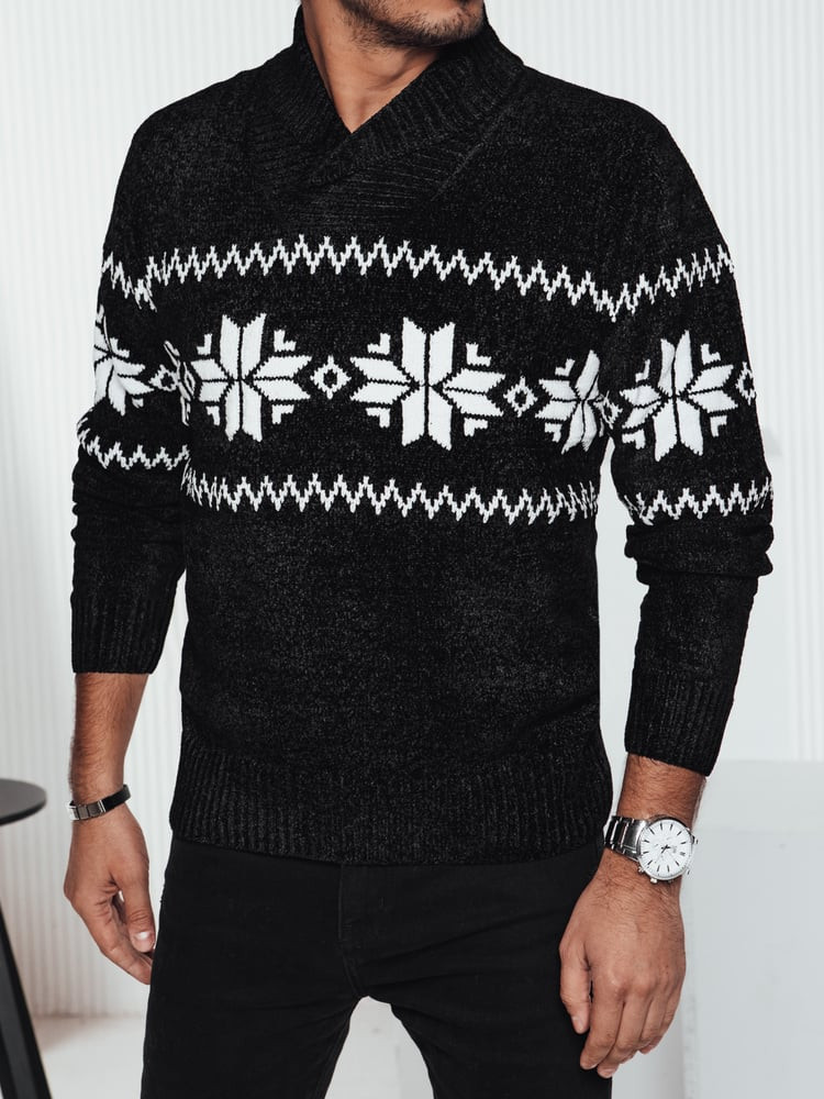 Sweter męski w śnieżynki czarny Dstreet
