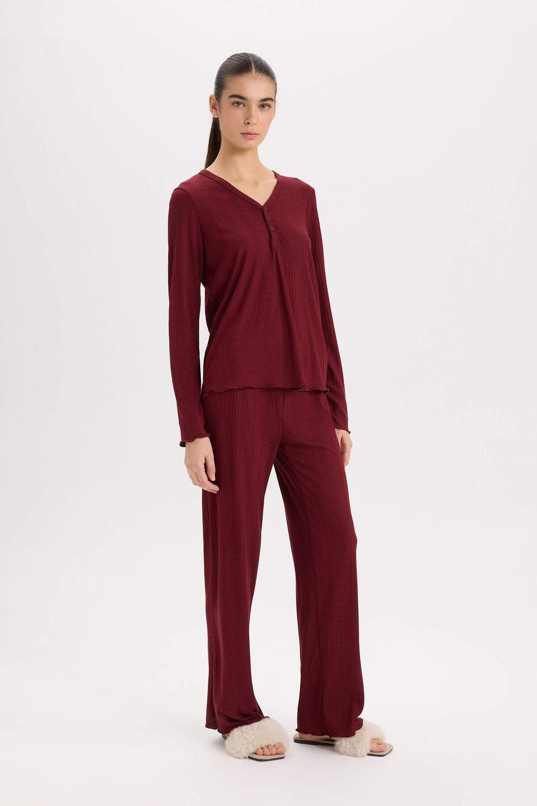 DEFACTO Fall In Love Pajama Set V Neck Buttoned Rib Long Sleeve Top Elastic Waist Wide Leg Bottom
