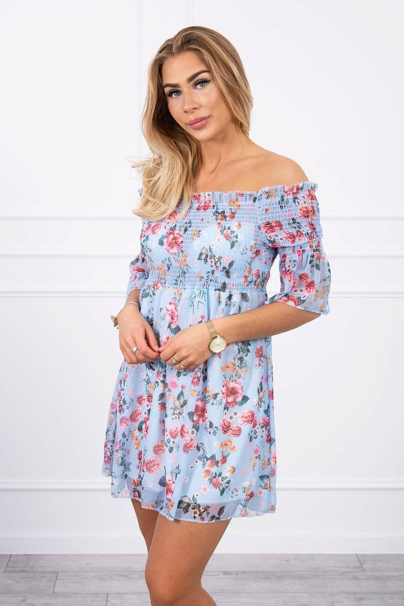 Shoulder dress with azure floral pattern