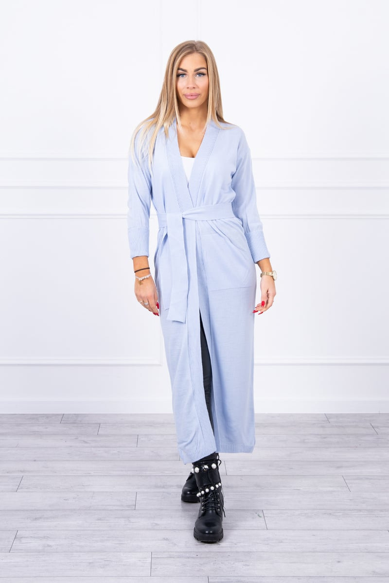 Long sweater with waist tie in blue color