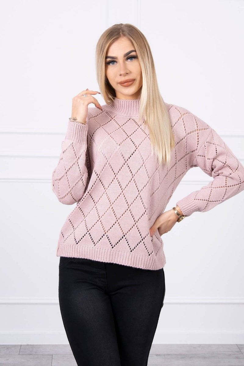 High-neckline sweater with diamond pattern powder pink