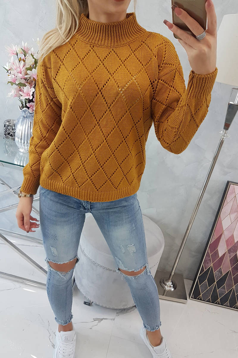 High-neckline sweater with diamond mustard pattern