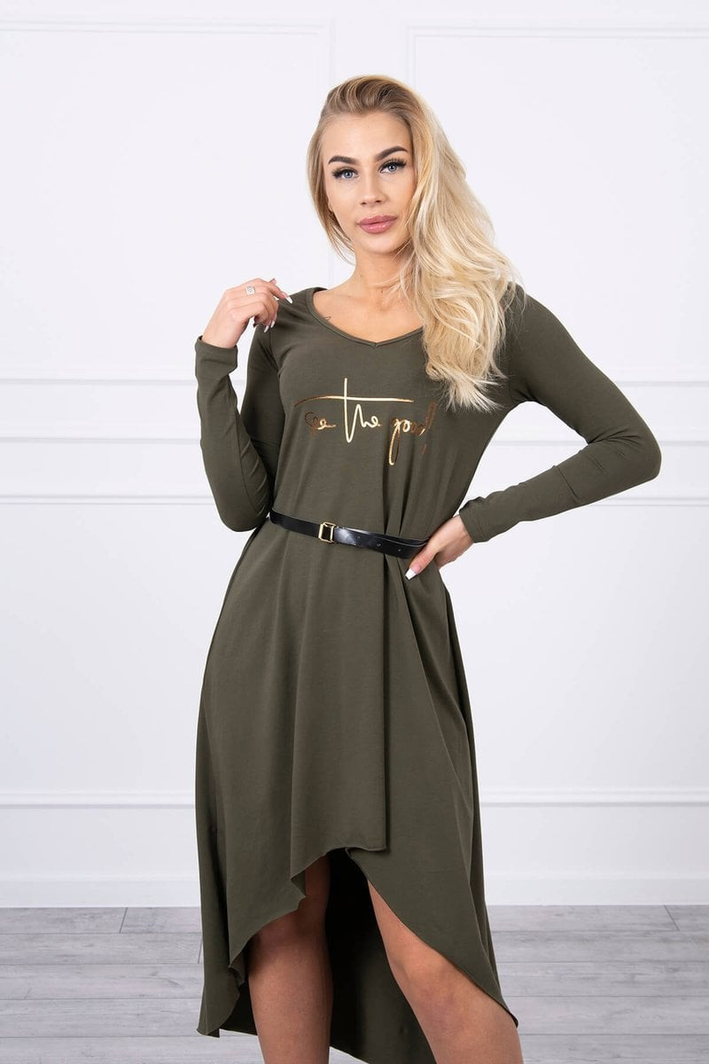 Dress with decorative belt and khaki inscription