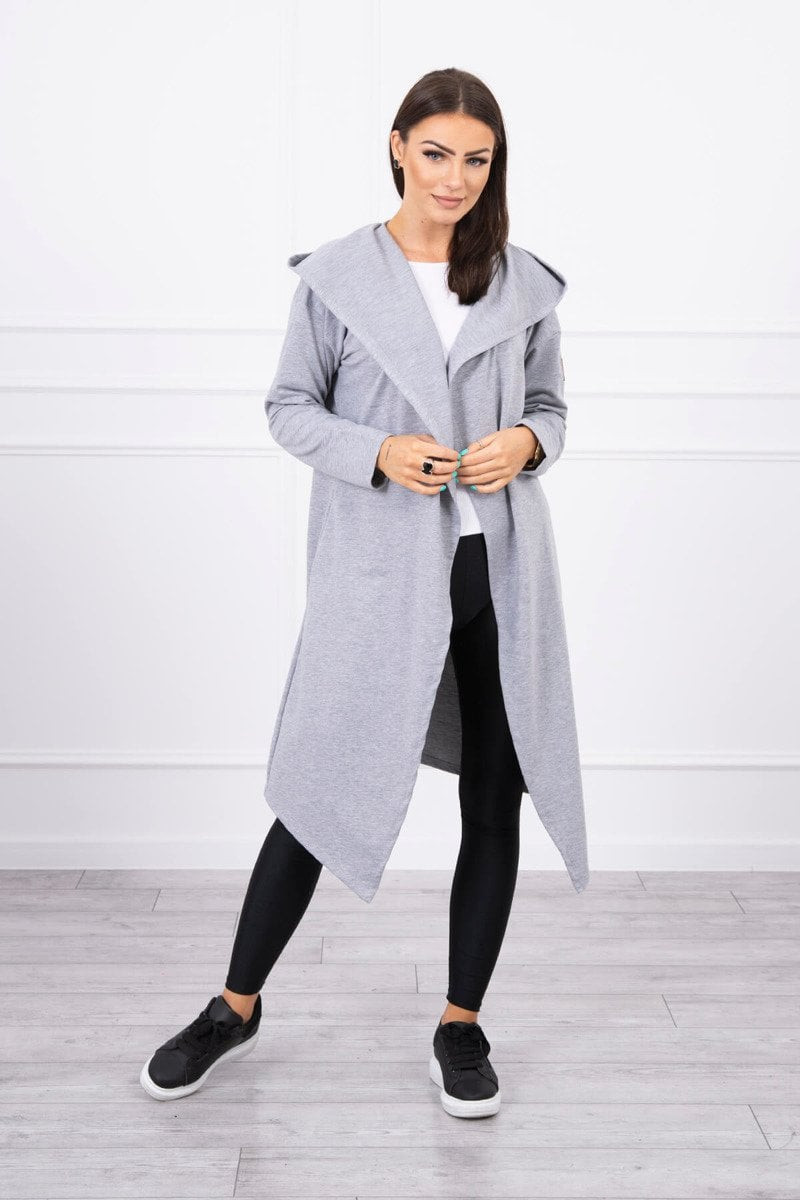 Long cardigan with a hood in gray color