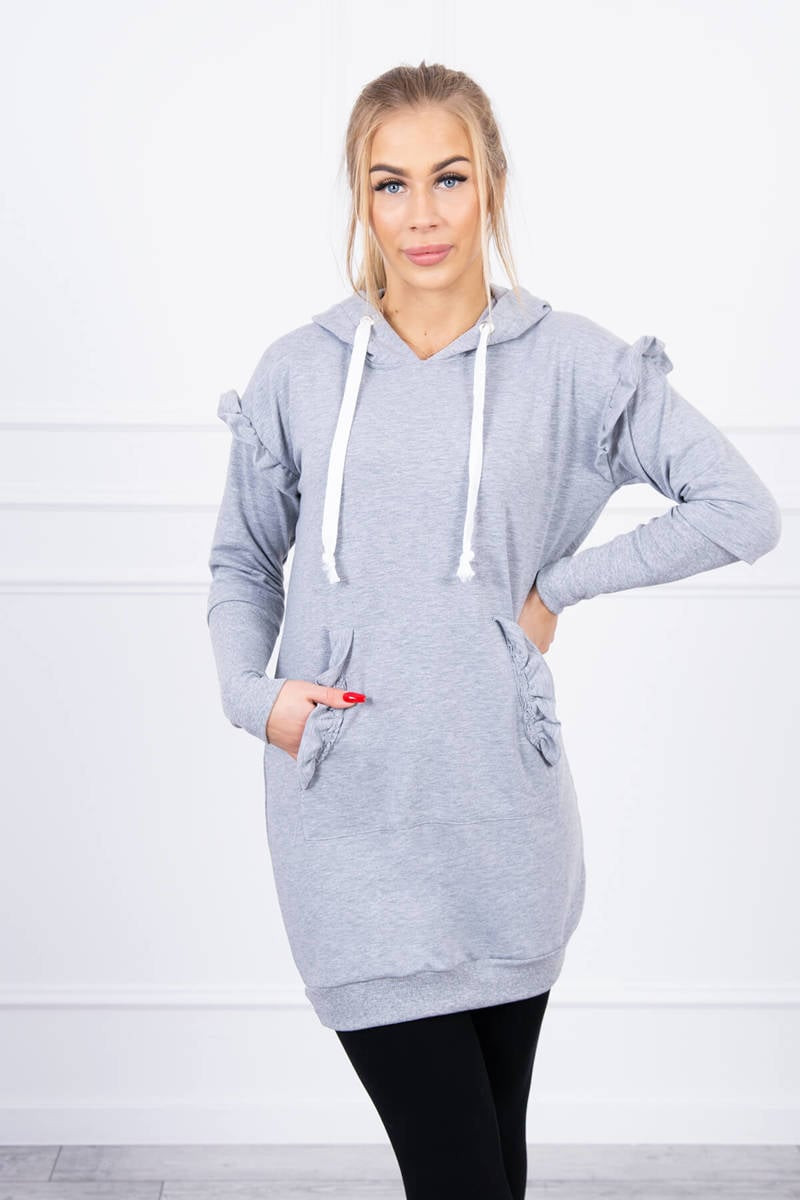 Dress with decorative ruffles and a hood in gray color