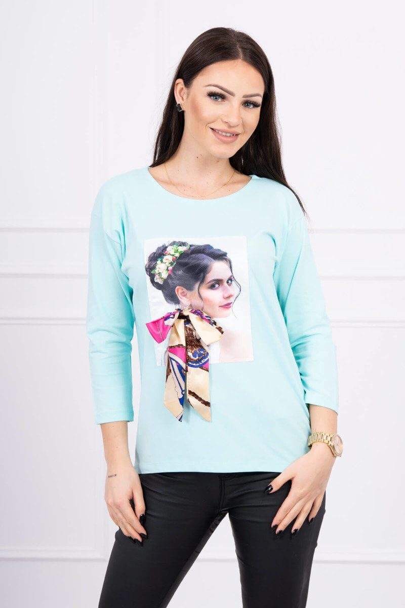 Blouse with graphics and a colorful bow 3D mint
