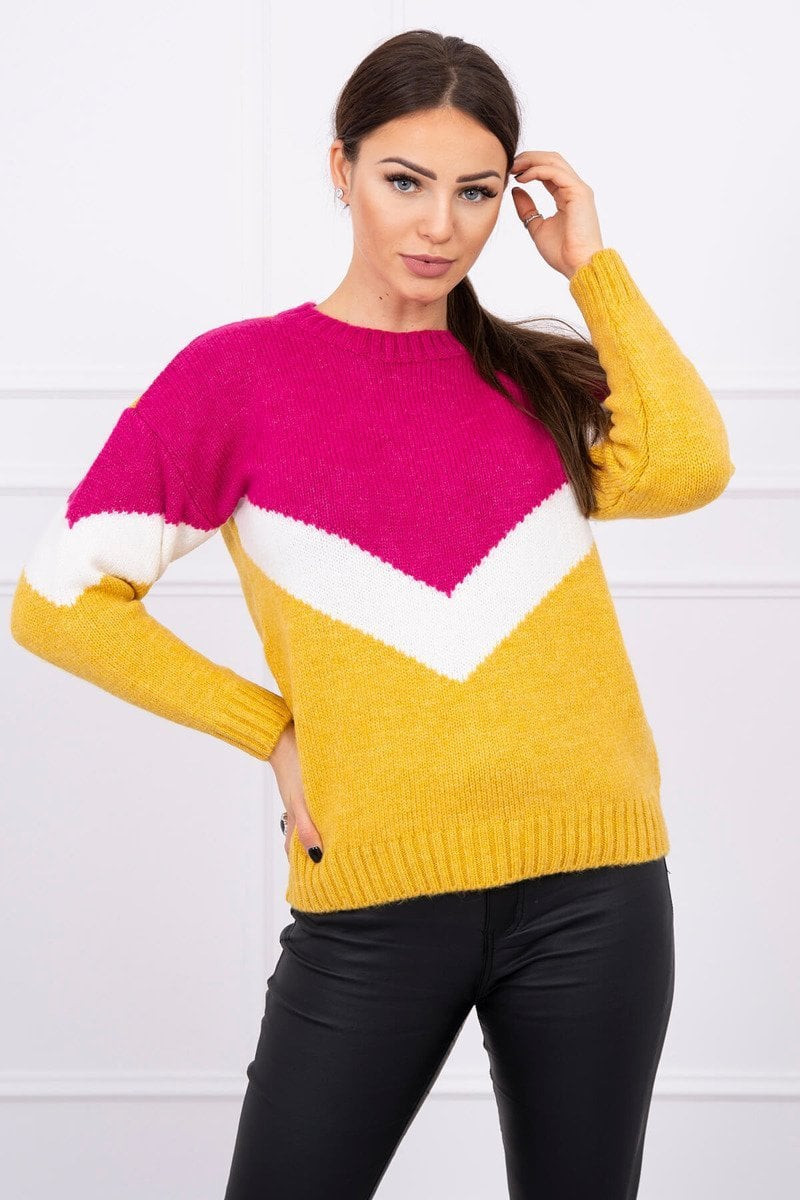 Sweater with geometric fuchsia + mustard patterns